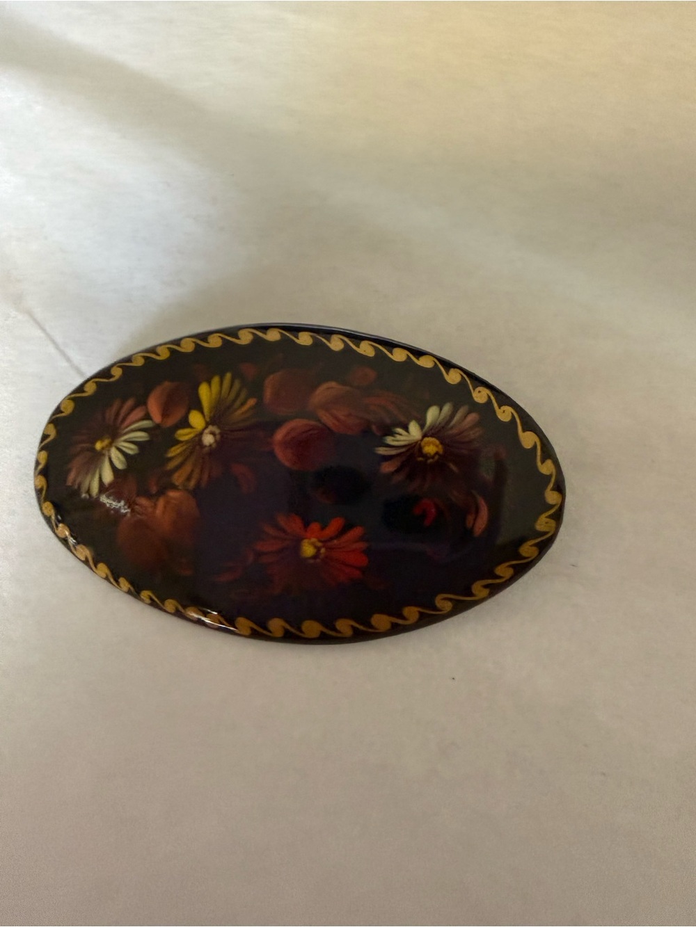 Hand-Painted Floral Oval Brooch in Dark Brown and Gold